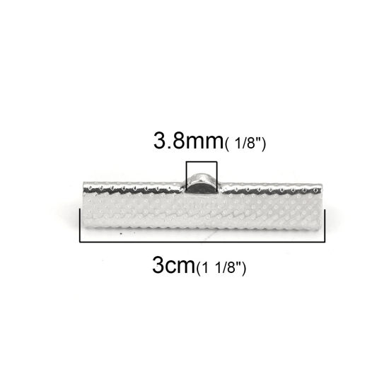 Bild von Eisenlegierung Schnur Band Crimp End für Halskette oder Armband Aktentasche Silberfarbe 30mm x 8mm, 100 Stück