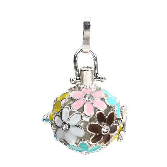 Picture of Copper Pendants Mexican Angel Caller Bola Harmony Ball Wish Box Locket Flower Silver Tone Multicolor Enamel Clear Rhinestone Can Open (Fits 16mm Beads) 43mm(1 6/8") x 26mm(1"), 20 PCs