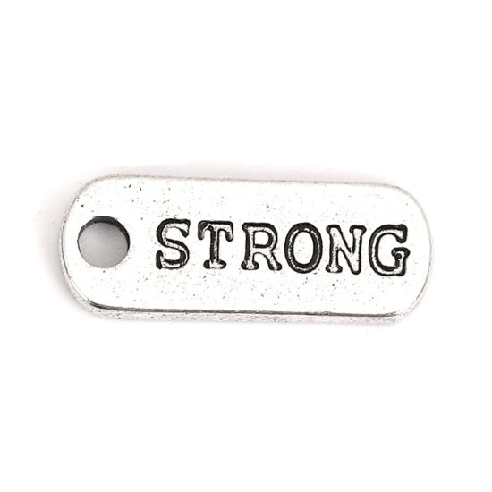 Picture of Zinc Based Alloy Charms Rectangle Antique Silver Color Message " Strong " 21mm( 7/8") x 8mm( 3/8"), 20 PCs