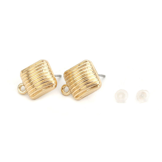 Picture of Zinc Based Alloy Ear Post Stud Earrings Findings Square Gold Plated Stripe W/ Loop 13mm x 10mm, Post/ Wire Size: (21 gauge), 10 PCs