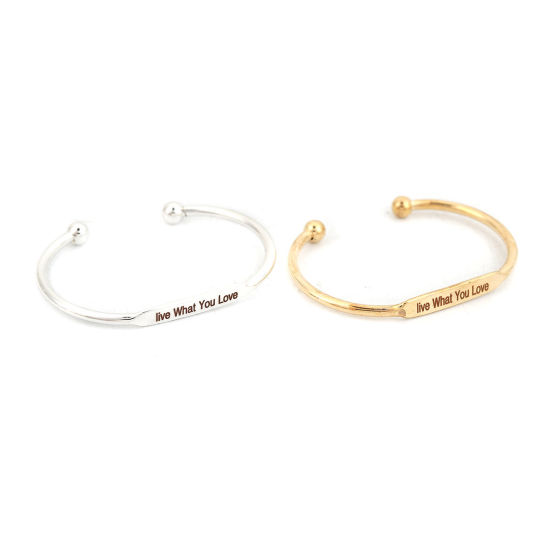 Picture of Brass Open Cuff Bangles Bracelets Rectangle Silver Tone Message " live What You Love " 15cm(5 7/8") long, 1 Piece                                                                                                                                             