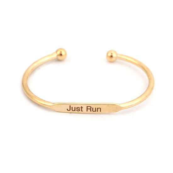 Picture of Brass Open Cuff Bangles Bracelets Rectangle Gold Plated Message " Just Run " 15cm(5 7/8") long, 1 Piece                                                                                                                                                       