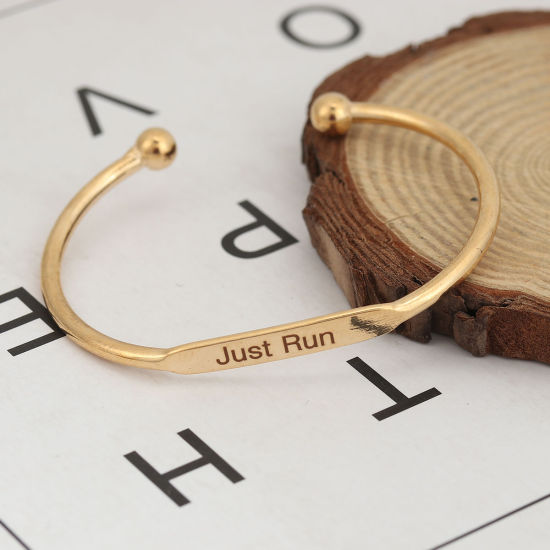 Picture of Brass Open Cuff Bangles Bracelets Rectangle Gold Plated Message " Just Run " 15cm(5 7/8") long, 1 Piece                                                                                                                                                       