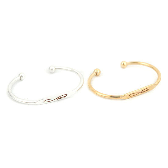 Picture of Brass Open Cuff Bangles Bracelets Rectangle Silver Tone Infinity Symbol Message " LOVE " 15cm(5 7/8") long, 1 Piece                                                                                                                                           