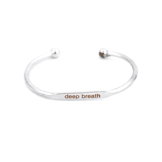 Picture of Brass Open Cuff Bangles Bracelets Rectangle Silver Tone Message " deep breath " 15cm(5 7/8") long, 1 Piece                                                                                                                                                    