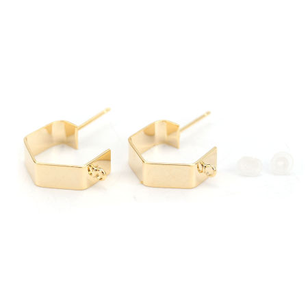 Picture of 4 PCs Brass Ear Post Stud Earrings 18K Real Gold Plated Polygon With Loop 17mm x 5mm, Post/ Wire Size: 0.8mm(20 gauge)