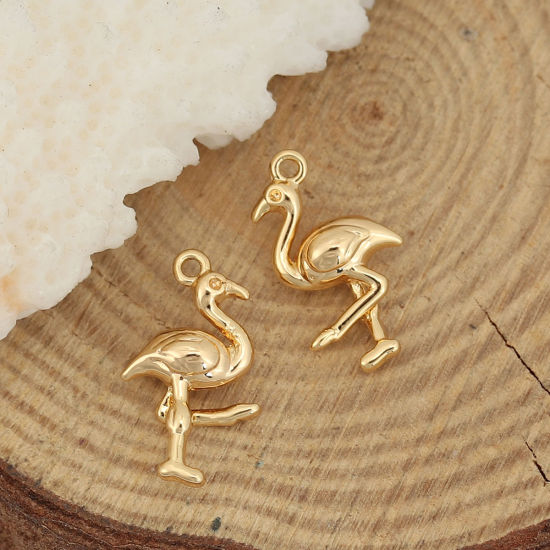 Image de Breloques en Laiton Flamants Plaqué Or Véritable 18K 16mm x 9mm, 5 Pcs