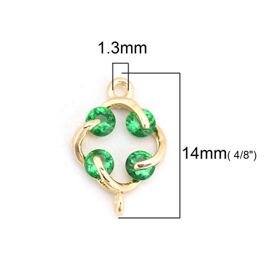 真鍮 コネクター 菱形 18K リアルゴールドメッキ 緑 ラインストーン 14mm x 10mm、 3 個 の画像