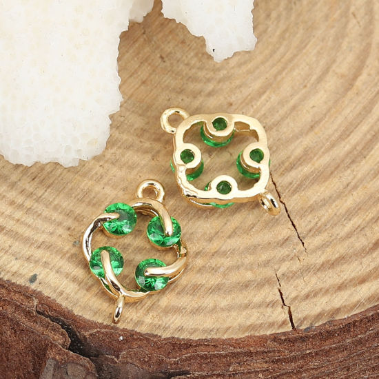 真鍮 コネクター 菱形 18K リアルゴールドメッキ 緑 ラインストーン 14mm x 10mm、 3 個 の画像