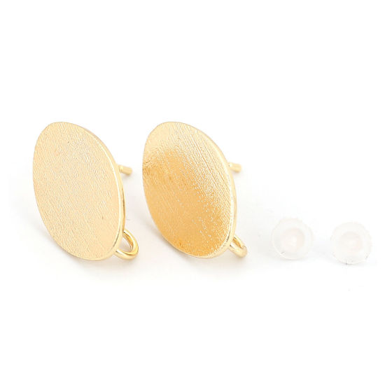 Picture of Brass Ear Post Stud Earrings 18K Real Gold Plated Oval W/ Loop 18mm( 6/8") x 11mm( 3/8"), Post/ Wire Size: (20 gauge), 4 PCs                                                                                                                                  