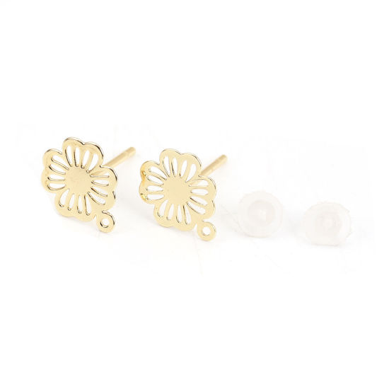 Immagine di Ottone Orecchini a Perno 18K Vero Oro Placcato Fiore W/ Loop 9mm x 7mm, Dimensione di Posta / Cavo: (20 misura), 4 Pz