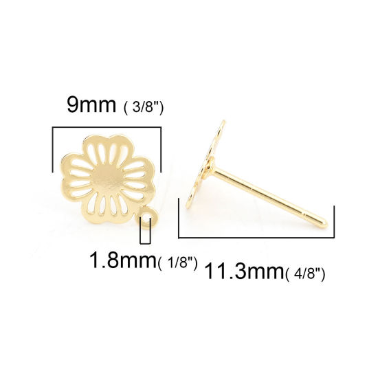 Immagine di Ottone Orecchini a Perno 18K Vero Oro Placcato Fiore W/ Loop 9mm x 7mm, Dimensione di Posta / Cavo: (20 misura), 4 Pz
