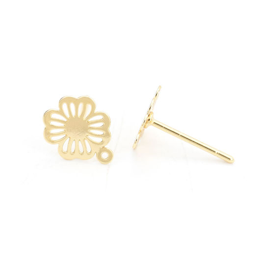 Immagine di Ottone Orecchini a Perno 18K Vero Oro Placcato Fiore W/ Loop 9mm x 7mm, Dimensione di Posta / Cavo: (20 misura), 4 Pz