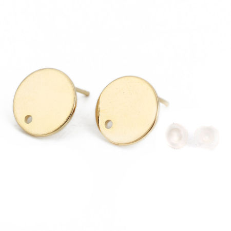 10 PCs Brass Ear Post Stud Earrings 18K Real Gold Plated Round With Loop 12mm Dia., Post/ Wire Size: 0.8mm(20 gauge)