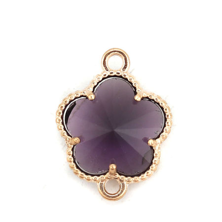 Image de Connecteurs en Laiton+Verre Fleur Doré Prune A Facettes 15mm x 12mm, 5 Pcs