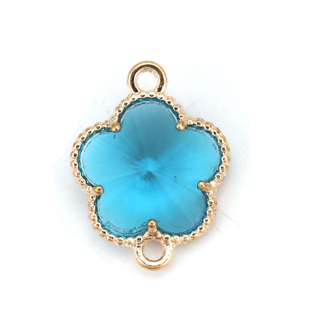 Image de Connecteurs en Laiton+Verre Fleur Doré Bleu Lac A Facettes 15mm x 12mm, 5 Pcs