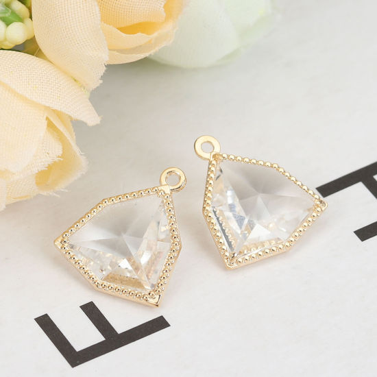 Picture of Brass & Glass Charms Irregular Gold Plated Transparent Clear Faceted 17mm( 5/8") x 15mm( 5/8"), 5 PCs                                                                                                                                                         