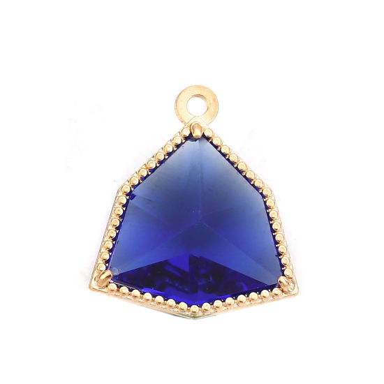 Picture of Brass & Glass Charms Irregular Gold Plated Royal Blue Faceted 17mm( 5/8") x 15mm( 5/8"), 5 PCs                                                                                                                                                                