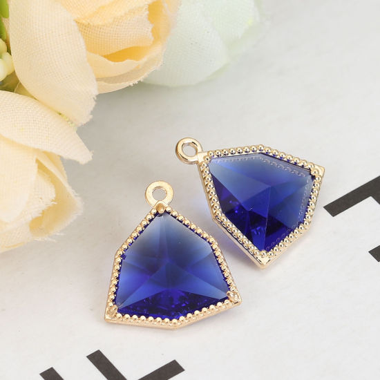 Picture of Brass & Glass Charms Irregular Gold Plated Royal Blue Faceted 17mm( 5/8") x 15mm( 5/8"), 5 PCs                                                                                                                                                                