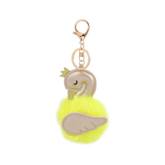 Picture of Plush Keychain & Keyring Pom Pom Ball Yellow Golden Swan Glitter 19cm, 1 Piece