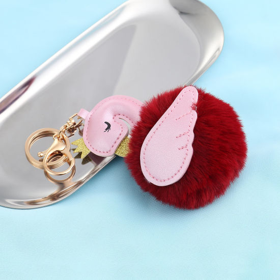 Picture of Plush Keychain & Keyring Pom Pom Ball Golden Wine Red Swan Glitter 19cm, 1 Piece