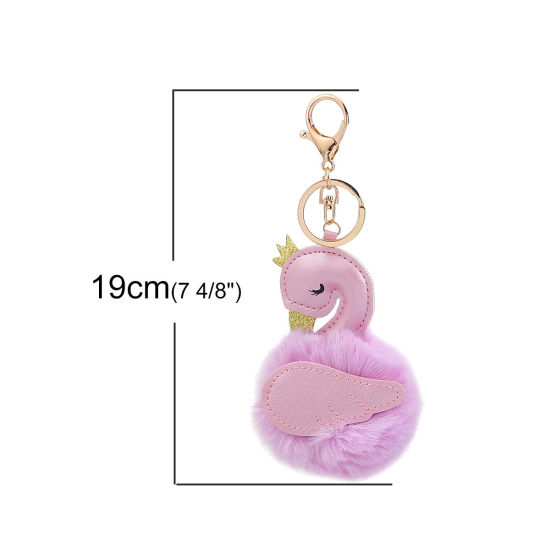 Picture of Plush Keychain & Keyring Pom Pom Ball Golden Purple Swan Glitter 19cm, 1 Piece
