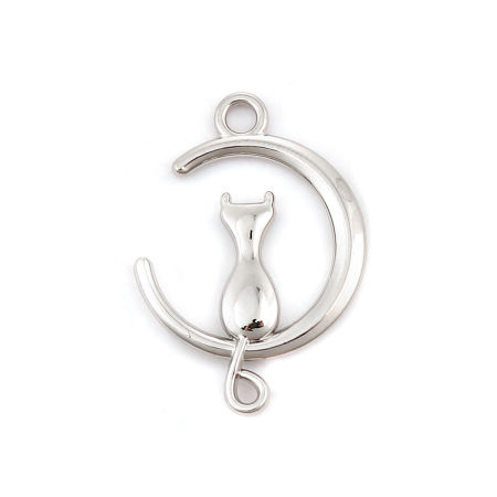 Image de Connecteurs en Alliage de Zinc Chat Argent Mat Lune 28mm x 20mm, 10 Pcs