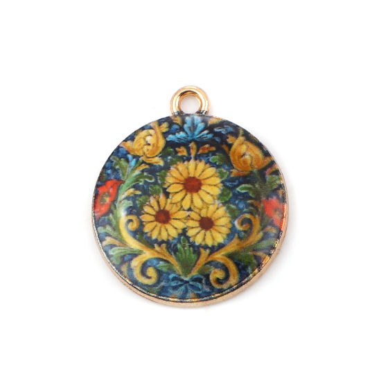 Picture of Zinc Based Alloy Charms Round Disc Gold Plated Multicolor Flower 23mm( 7/8") x 20mm( 6/8"), 10 PCs