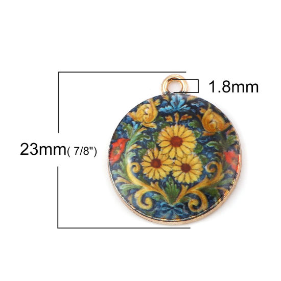 Picture of Zinc Based Alloy Charms Round Disc Gold Plated Multicolor Flower 23mm( 7/8") x 20mm( 6/8"), 10 PCs