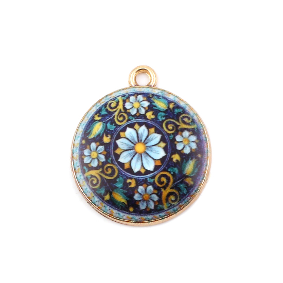 Picture of Zinc Based Alloy Charms Round Disc Gold Plated Multicolor Flower 23mm( 7/8") x 20mm( 6/8"), 10 PCs
