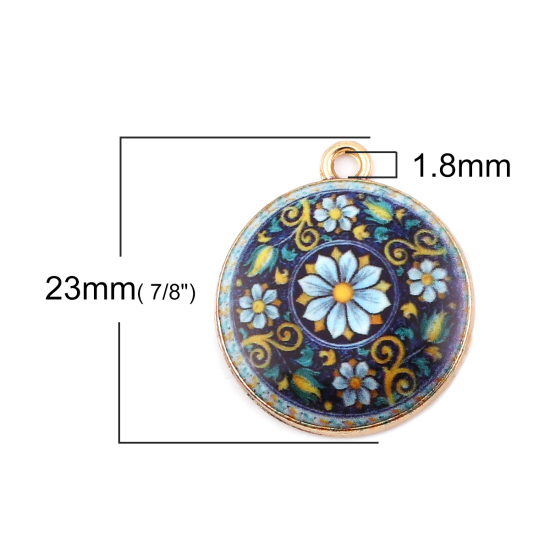Picture of Zinc Based Alloy Charms Round Disc Gold Plated Multicolor Flower 23mm( 7/8") x 20mm( 6/8"), 10 PCs