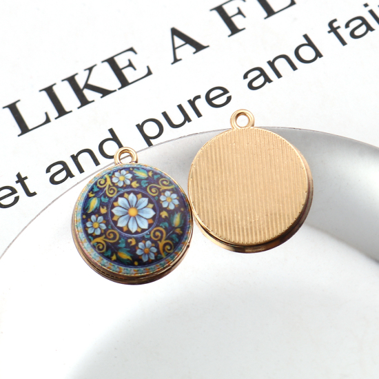 Picture of Zinc Based Alloy Charms Round Disc Gold Plated Multicolor Flower 23mm( 7/8") x 20mm( 6/8"), 10 PCs