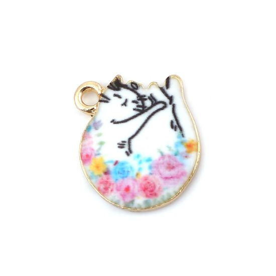 Picture of Zinc Based Alloy Charms Cat Animal Gold Plated White & Pink Flower 15mm( 5/8") x 14mm( 4/8"), 10 PCs