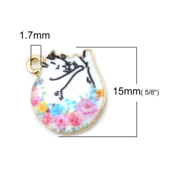 Immagine di Lega di Zinco Charms Gatto Oro Placcato Bianco & Rosa Fiore 15mm x 14mm , 10 Pz