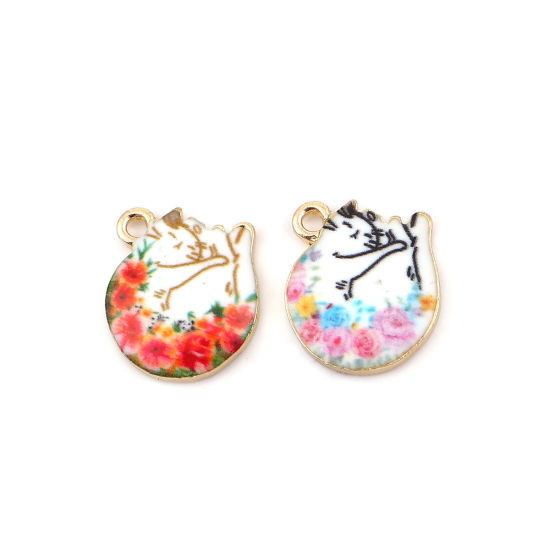Immagine di Lega di Zinco Charms Gatto Oro Placcato Bianco & Rosa Fiore 15mm x 14mm , 10 Pz