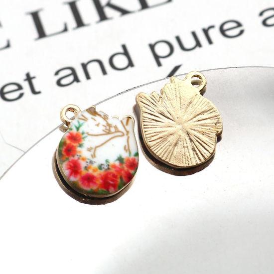 Immagine di Lega di Zinco Charms Gatto Oro Placcato Bianco & Rosa Fiore 15mm x 14mm , 10 Pz