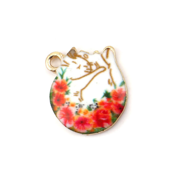 Picture of Zinc Based Alloy Charms Cat Animal Gold Plated White & Red Flower 15mm( 5/8") x 14mm( 4/8"), 10 PCs