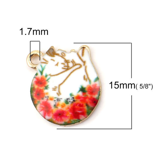 Immagine di Lega di Zinco Charms Gatto Oro Placcato Bianco & Rosso Fiore 15mm x 14mm , 10 Pz