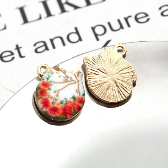Immagine di Lega di Zinco Charms Gatto Oro Placcato Bianco & Rosso Fiore 15mm x 14mm , 10 Pz