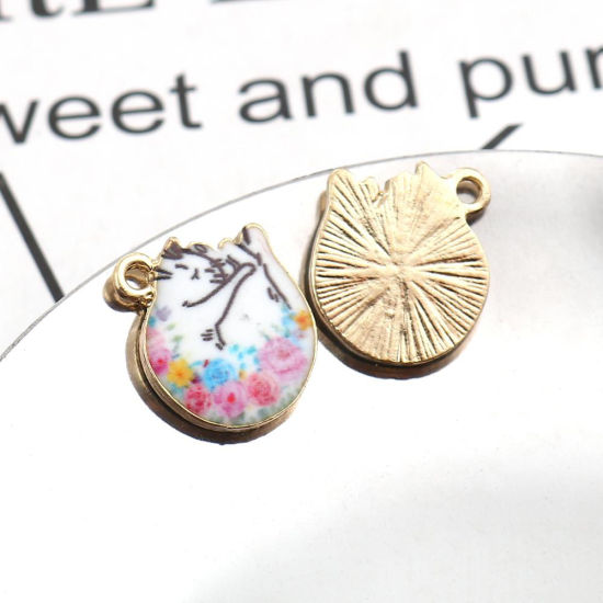 Immagine di Lega di Zinco Charms Gatto Oro Placcato Bianco & Rosso Fiore 15mm x 14mm , 10 Pz