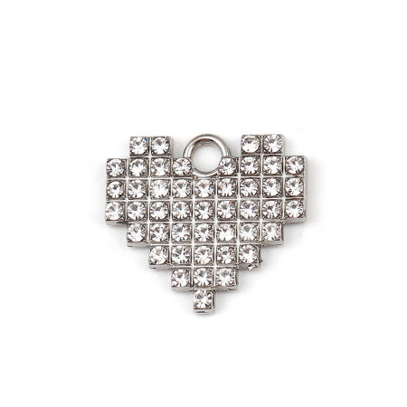 Picture of Zinc Based Alloy Charms Heart Silver Tone Clear Rhinestone 20mm( 6/8") x 18mm( 6/8"), 5 PCs