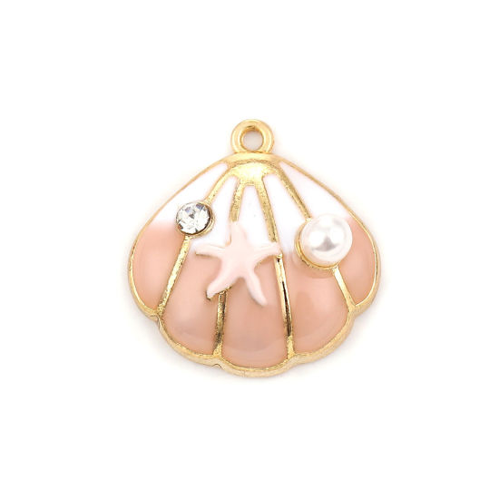 Picture of Zinc Based Alloy Charms Shell Gold Plated White & Pink Enamel Clear Rhinestone Imitation Pearl 21mm( 7/8") x 20mm( 6/8"), 3 PCs