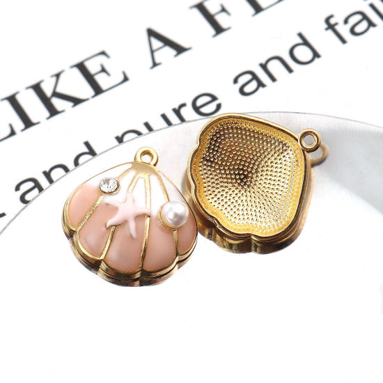 Picture of Zinc Based Alloy Charms Shell Gold Plated White & Pink Enamel Clear Rhinestone Imitation Pearl 21mm( 7/8") x 20mm( 6/8"), 3 PCs