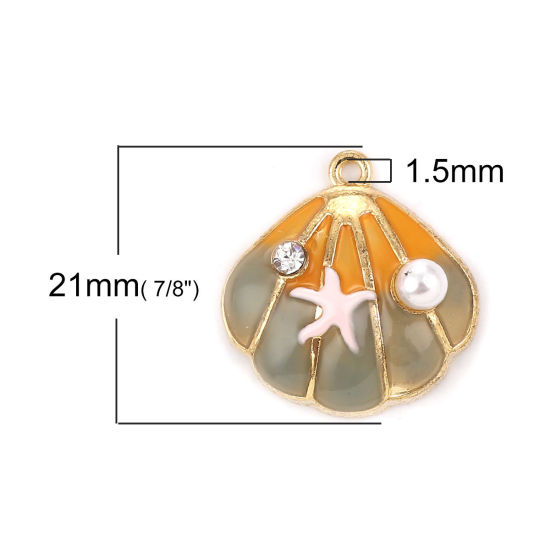 Picture of Zinc Based Alloy Charms Shell Gold Plated Gray & Orange Enamel Clear Rhinestone Imitation Pearl 21mm( 7/8") x 20mm( 6/8"), 3 PCs