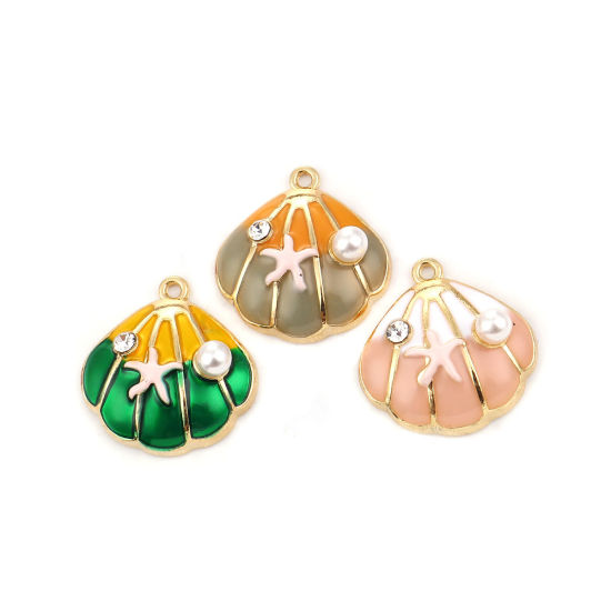 Picture of Zinc Based Alloy Charms Shell Gold Plated Gray & Orange Enamel Clear Rhinestone Imitation Pearl 21mm( 7/8") x 20mm( 6/8"), 3 PCs