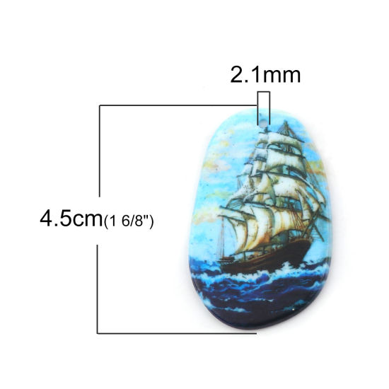 Image de Pendentifs Voyage en Résine Ovale Multicolore Bateau à Voile 45mm x 29mm, 5 Pcs