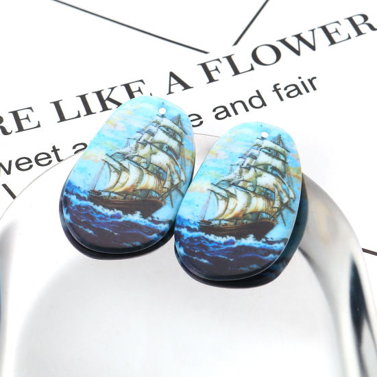 Picture of Resin Travel Pendants Oval Sailing Boat Multicolor 45mm(1 6/8") x 29mm(1 1/8"), 5 PCs