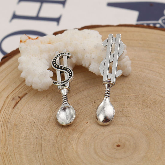 Bild von Zinklegierung 3D Anhänger Löffel Antiksilber Symbol von US-Dollar 37mm x 9mm, 30 Stück