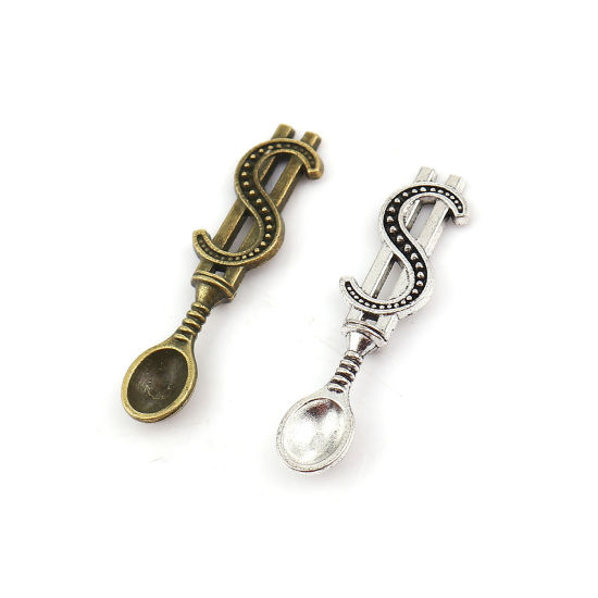 Bild von Zinklegierung 3D Anhänger Löffel Antiksilber Symbol von US-Dollar 37mm x 9mm, 30 Stück