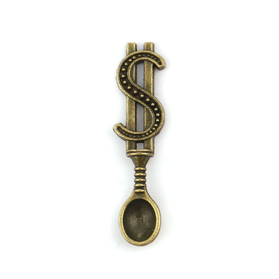 Bild von Zinklegierung 3D Anhänger Löffel Bronzefarbe Symbol von US-Dollar 37mm x 9mm, 30 Stück
